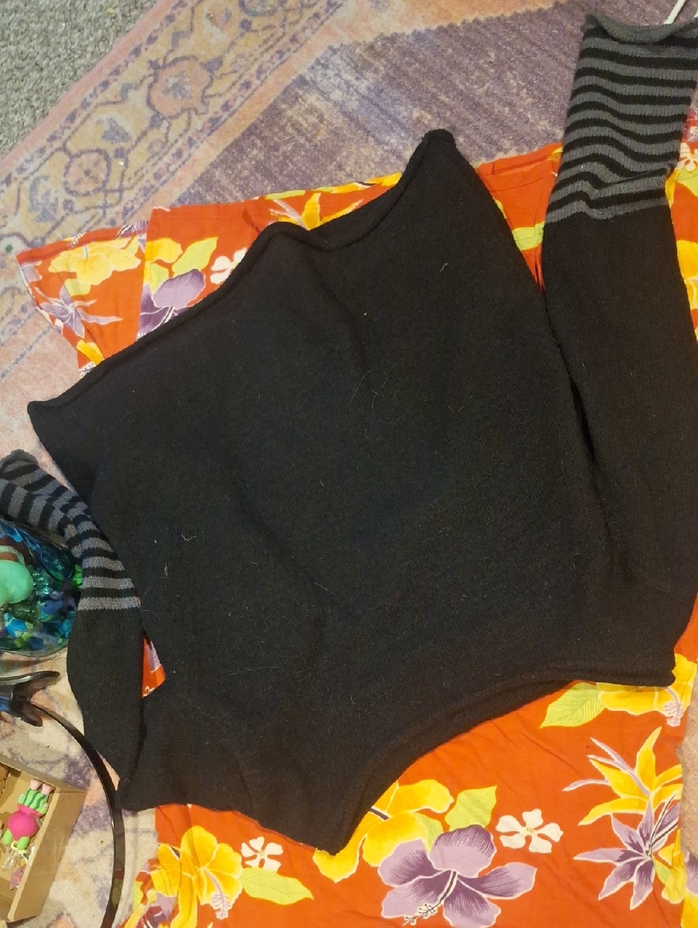 Black Cowl Neck Sweater with Striped Sleeve Detail